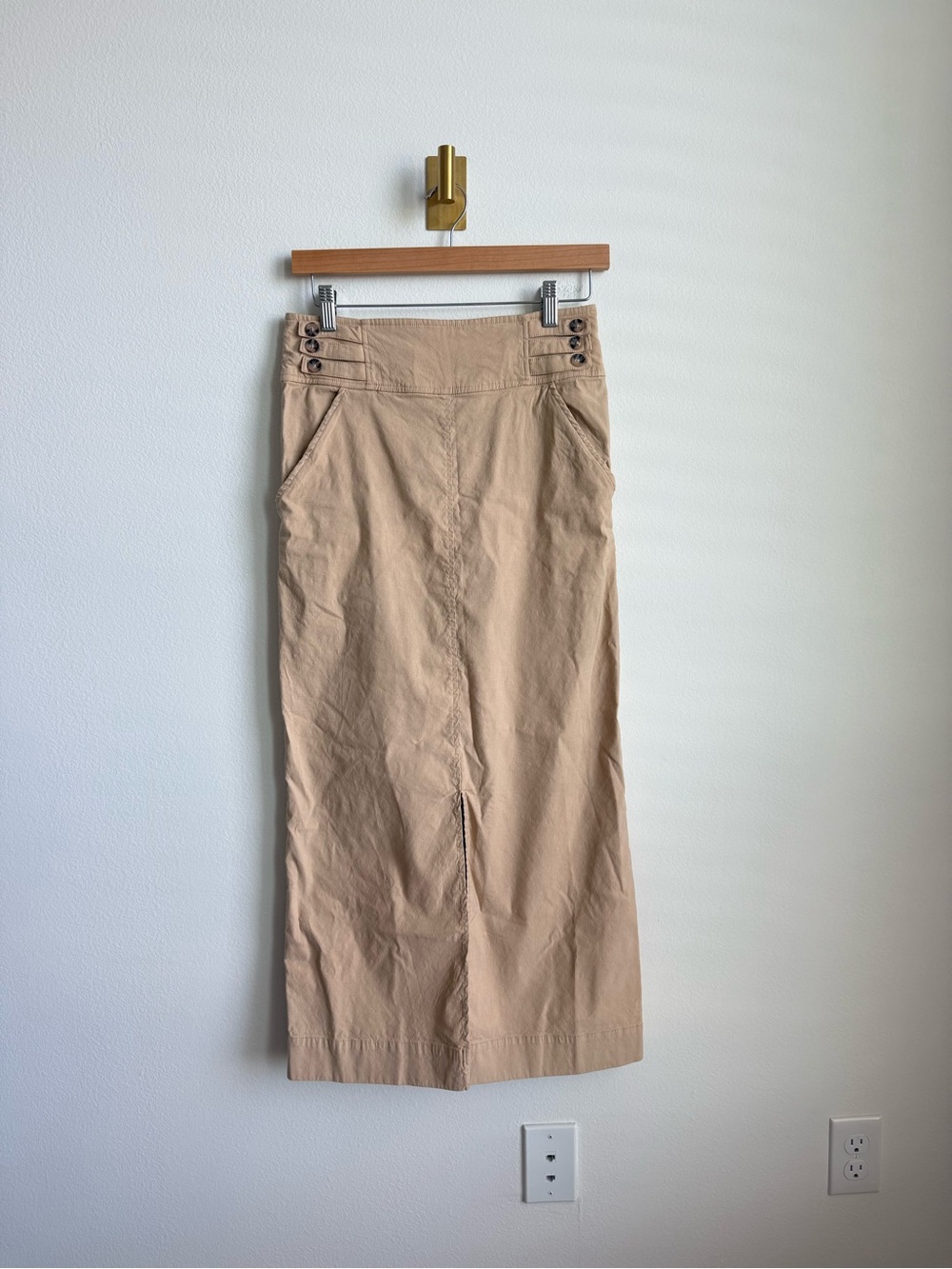 Anthropologie Slim Column Maxi Skirt Tan Linen Blend Front Slit Pockets Size 4 - Picture 7 of 16